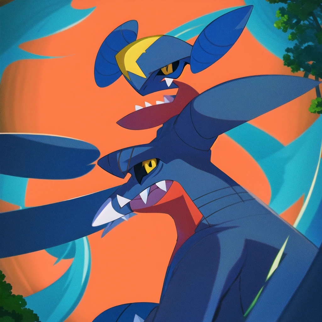 garchomp, solo, anime, smile, closed mouth, looking at viewer, forest, bush