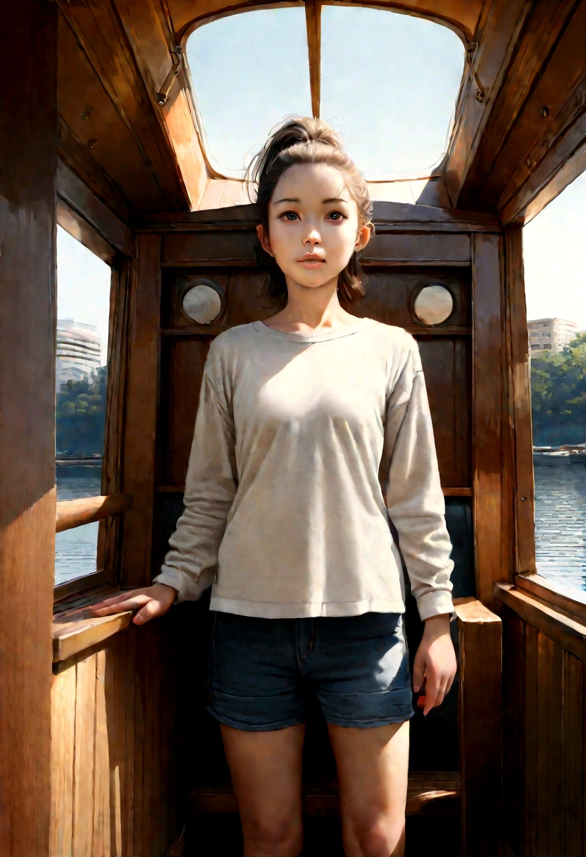 (8k、Raw photo、Highest quality、Masseter muscle area:1.2)、Ultra-detailed、Ultra-high resolution、(Realistic、Realistic photos:1.37), (14 year old Japanese girl, Round face, bangs, ponytail, On the Ferris Boat), alone, (smile:0.5), Long sleeve T-shirt, Shorts