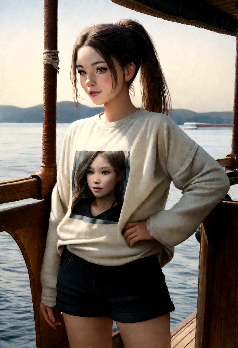 (8k、Raw photo、Highest quality、Masseter muscle area:1.2)、Ultra-detailed、Ultra-high resolution、(Realistic、Realistic photos:1.37), (14 year old Japanese girl, Round face, bangs, ponytail, On the Ferris Boat), alone, (smile:0.5), Long sleeve T-shirt, Shorts