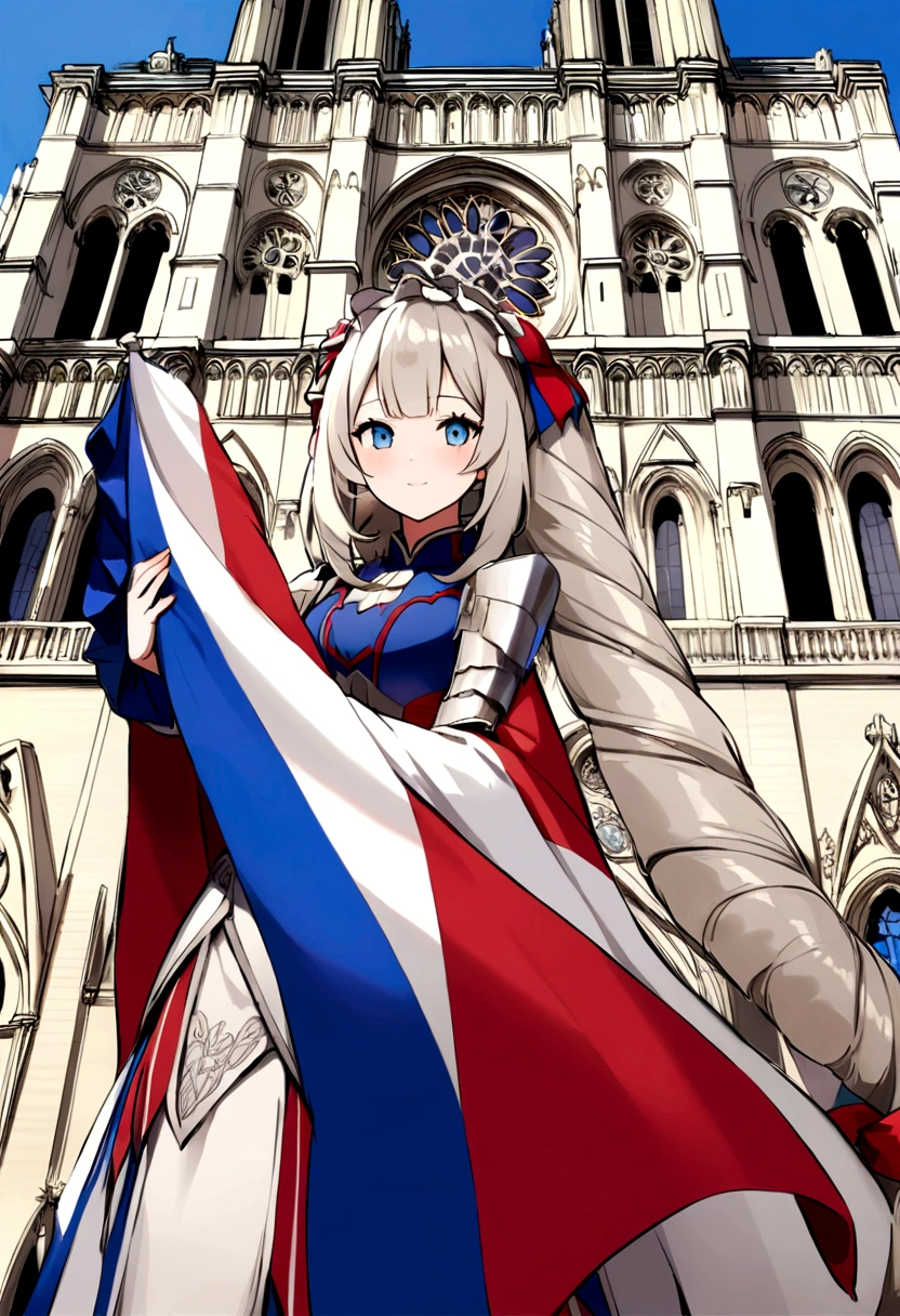 Marie Antoinette with a flag of France in blue white red, behind Notre Dame de Paris