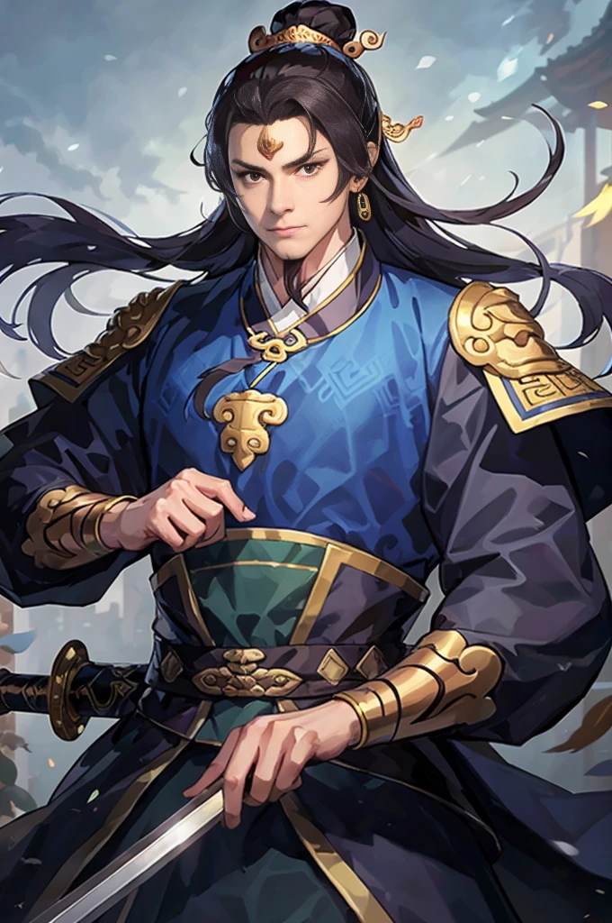 Araped image of a man wearing blue clothes and holding a sword, Chinese Warrior, armored warrior, Zhaoyun, beautiful character drawings, Works inspired by Zhao Yuan, Inspired by Dong Yuan, Kuleilei(Qu Leilei), by Jay Yang, Li Zai(Li Zai), Epic exquisite character art, Works inspired by Zuderun, Inspired by Jang Wo, Highly detailed character design