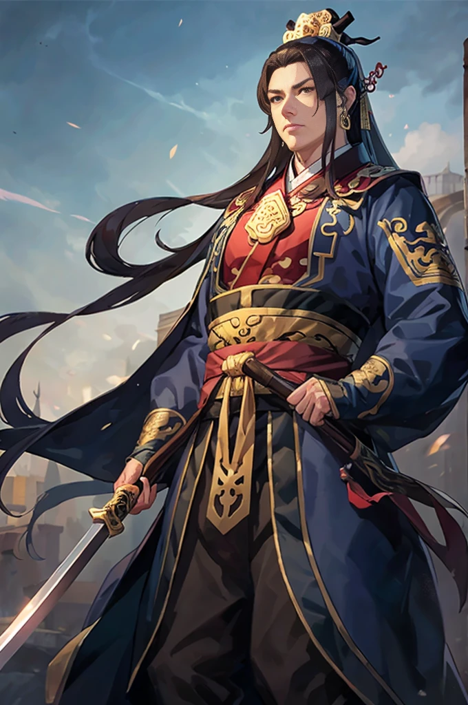 Araped image of a man wearing blue clothes and holding a sword, Chinese Warrior, armored warrior, Zhaoyun, beautiful character drawings, Works inspired by Zhao Yuan, Inspired by Dong Yuan, Kuleilei(Qu Leilei), by Jay Yang, Li Zai(Li Zai), Epic exquisite character art, Works inspired by Zuderun, Inspired by Jang Wo, Highly detailed character design