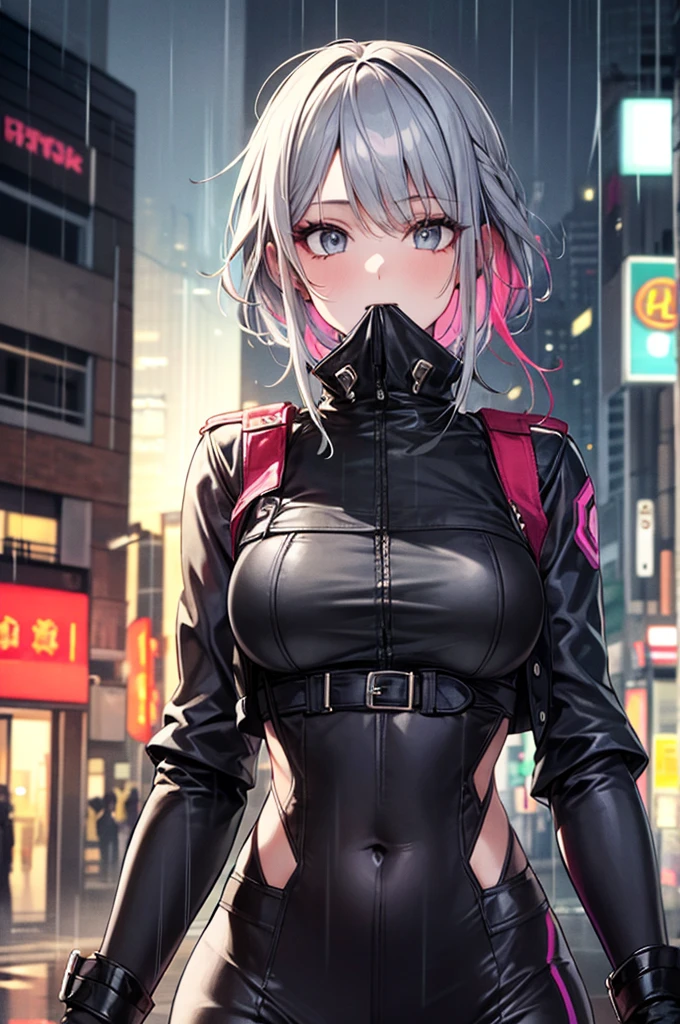 Portraiture, 1 Girl, Beautiful Face, Asymmetrical Hair, Multi-coloured hair, belt, Bodysuits, Covered my mouth, Covered navel, Removable sleeves, Grey Eyes, Hip vents, Open jacket, cute, View the viewer, City of night, neon, Rainy,