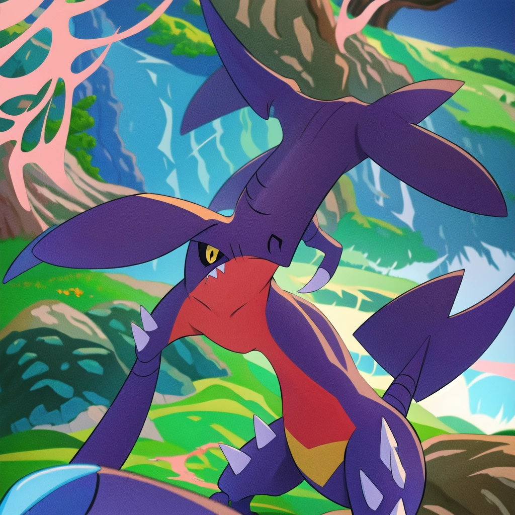 (masterpiece, best quality:1.2),solo,garchomp \(pokemon\),pokemon \(creature\),full body,no humans,smile, closed mouth, looking at viewer, forest, bush