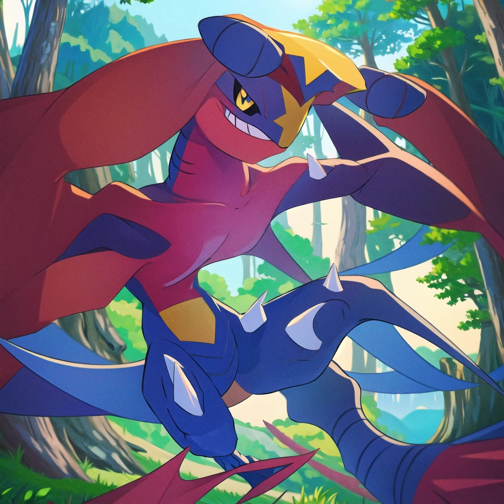 (masterpiece, best quality:1.2),solo,garchomp \(pokemon\),pokemon \(creature\),full body,no humans,smile, closed mouth, looking at viewer, forest, bush