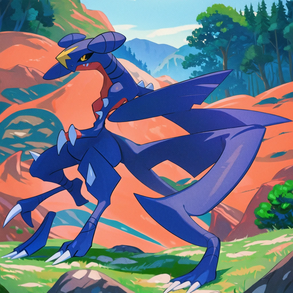 (masterpiece, best quality:1.2),solo,garchomp \(pokemon\),pokemon \(creature\),full body,no humans,smile, closed mouth, looking at viewer, forest, bush