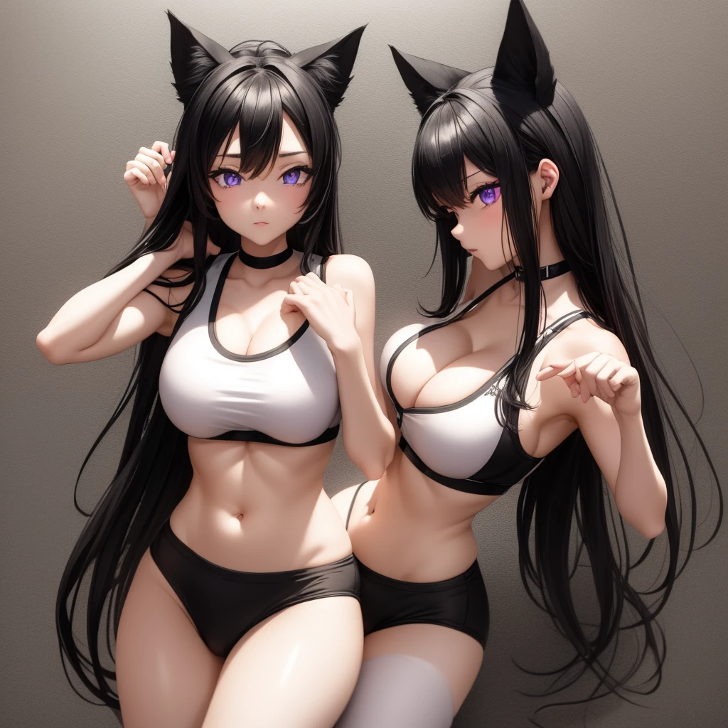 1girl, beautiful black and white neko, long white and black neko ears, white and black neko tails, white and black anime style, purple eyes, big breasts, extremely detailed eyes and face, Wearing sports bra and yoga shorts