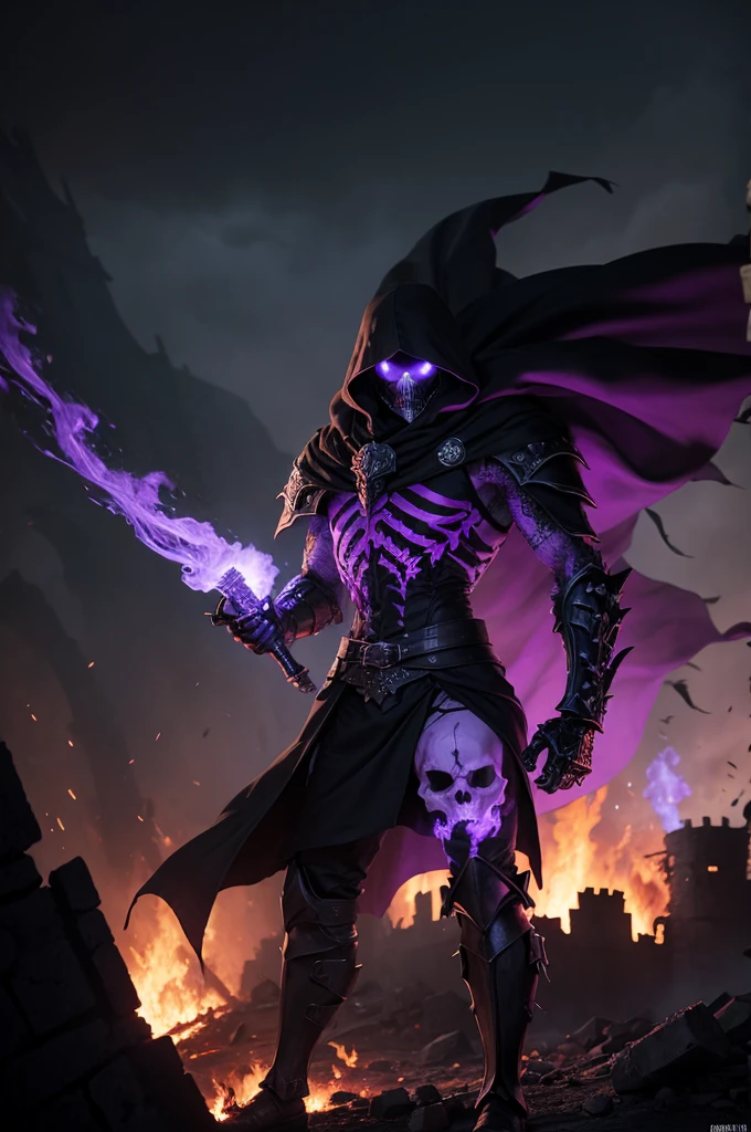Monster, Warrior, Skull Face, Black Skeleton, Tall, Purple flames in his eyes, Black cloak, Holding Claymore in right hand, Alone, Burning Castle Ruins.