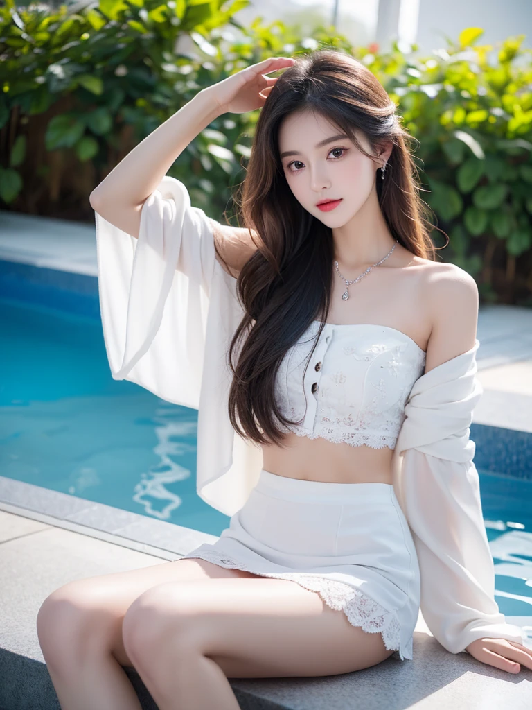 Best image quality，Very high resolution，Very detailed，Amazing Girl，Sitting in the pool，Long eyelashes，big eyes，Shining eyes，Eye bags，Full lips，Small nose，Happy expression，Sweet，Exquisite makeup，full-body shot，Snow-white skin，Slim body，Take off the shoulders，clavicle，abdomenband，abdomen，abdomen button，Slender white legs，White and tender skin，White Embroidered Mini Skirt，neckLace，Show your thighs，Lace，Sweet，Long hair flying，best quality，masterpiece，full-body shot，Face Focus，Slim body，细腰白色abdomenband，Imagine，full-body shot
Model: hanfu, CFG scale: 7, Introducing high-end talents: 1.5, Laura: Future Fashion(0.4)、neon(0.4)、Martial Arts(0.8)、Asian Face Girls-2(0.4)、Poetic fairy tale(0.01)