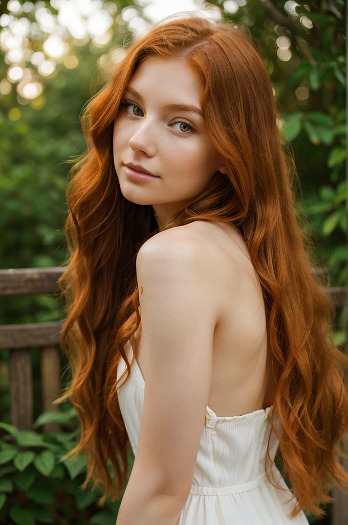 a striking young woman with a natural aura of warmth and intelligence. Her long, wavy hair is a vibrant ginger red, cascading down her back in loose curls. Her pale complexion is accented by high cheekbones. Her light brown eyes, are expressive and kind, looking out at the world with a curious and open spirit. She is slender but not frail.