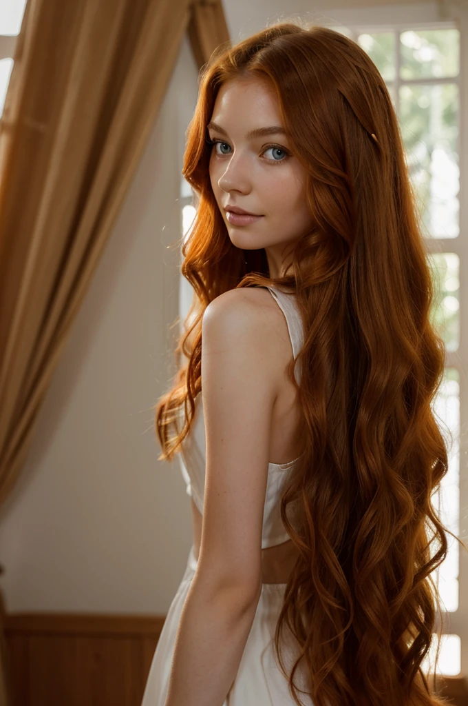 a striking young woman with a natural aura of warmth and intelligence. Her long, wavy hair is a vibrant ginger red, cascading down her back in loose curls. Her pale complexion is accented by high cheekbones. Her light brown eyes, are expressive and kind, looking out at the world with a curious and open spirit. She is slender but not frail.
