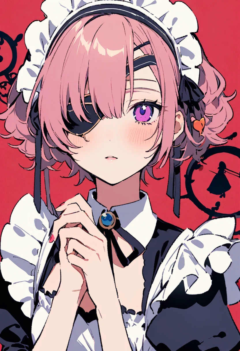 masterpiece, Highest quality, Illustration of the novel, High resolution, 18+ Adult content, Sensual, Intimate, Emotional, Passionate, romantic, sweet, Adorable, Innocent, Pure, Charmな, Charmな, Charm, mysterious, Charmな, Charmな, Immersive, Charmな, dream-like, Surreal, Imaginative, Whimsical, Artistic, Avant-garde, timeless, elegant, Sophisticated, chic, Sophisticated, personality, original, Charmな,((Maid clothes:1.3)),((Loli Pirate:1.3)),((Eye patch:1.3))、((Upper Body:1.3))