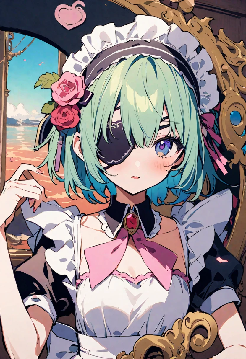 masterpiece, Highest quality, Illustration of the novel, High resolution, 18+ Adult content, Sensual, Intimate, Emotional, Passionate, romantic, sweet, Adorable, Innocent, Pure, Charmな, Charmな, Charm, mysterious, Charmな, Charmな, Immersive, Charmな, dream-like, Surreal, Imaginative, Whimsical, Artistic, Avant-garde, timeless, elegant, Sophisticated, chic, Sophisticated, personality, original, Charmな,((Maid clothes:1.3)),((Loli Pirate:1.3)),((Eye patch:1.3))、((Upper Body:1.3))