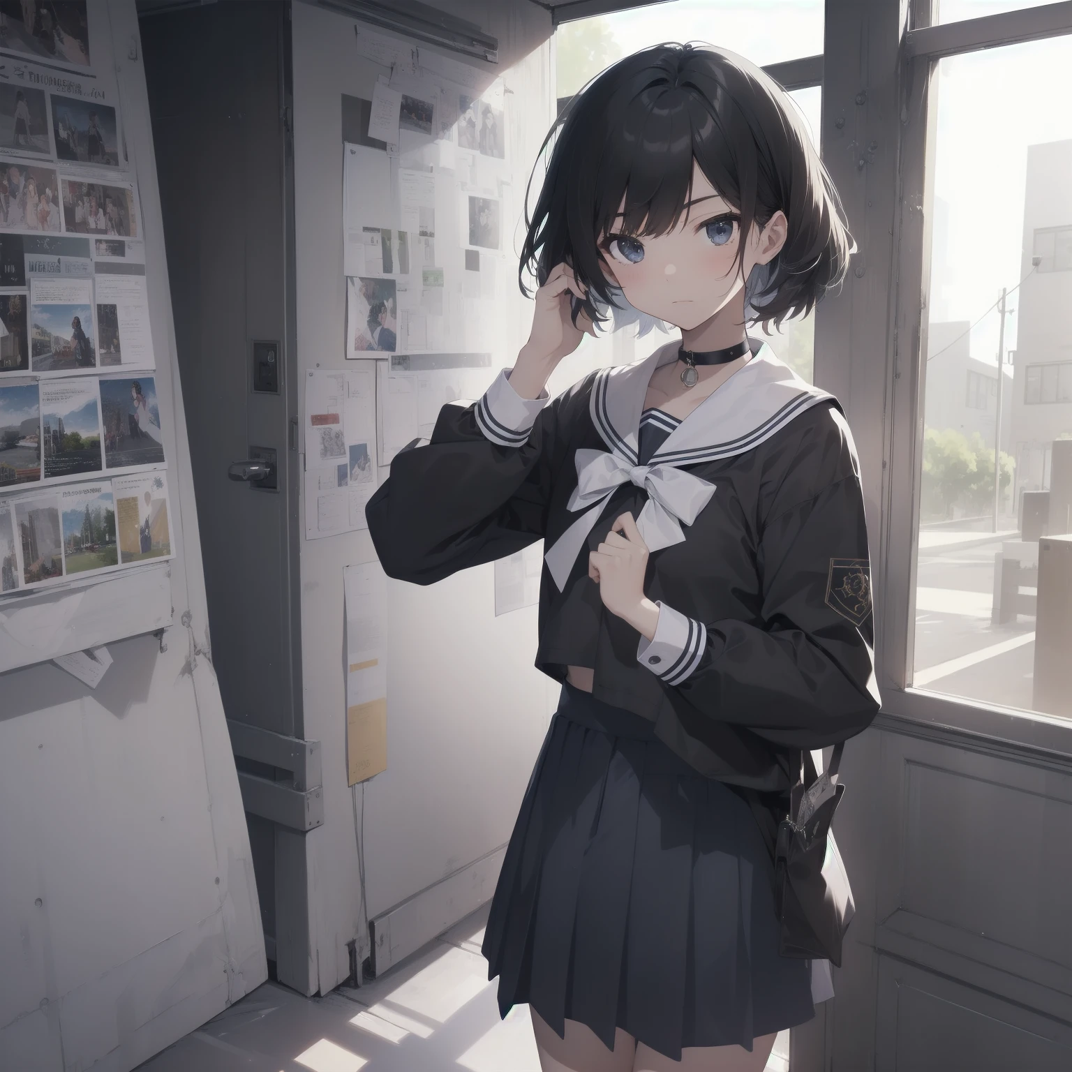 ultra-absurdres-Top quality by artist God, ultra-detailed, high resolution, anime moe artstyle, best anime 8k konachan wallpaper, pixiv contest winner, pool:2810, perfect anatomy,break, 1girl, (Please draw a girl walking sleepily to school alone. )break,(Solo,little female, 13-year-old:1.3),Full limbs, complete fingers,a junior high school student, (very short hair), short cut, flat chest, , small butt, small black eyes, beautiful detailed eyes, well-proportioned iris and pupils, expressive eyes, highres detailed hair, soft expression, salor school_uniform, sailor collar, serahuku, bow, pleated skirt,(Detailed Lighting), (Detailed background), in the School commute route. break,super detailed skin, Best cinematic lighting powered by famous artist, 8k,beauty illustration,photoshop_(medium),very aesthetic,break,((artist:takafumi )), artist:clamp ,artist:carnelian ,artist:kantoku ,