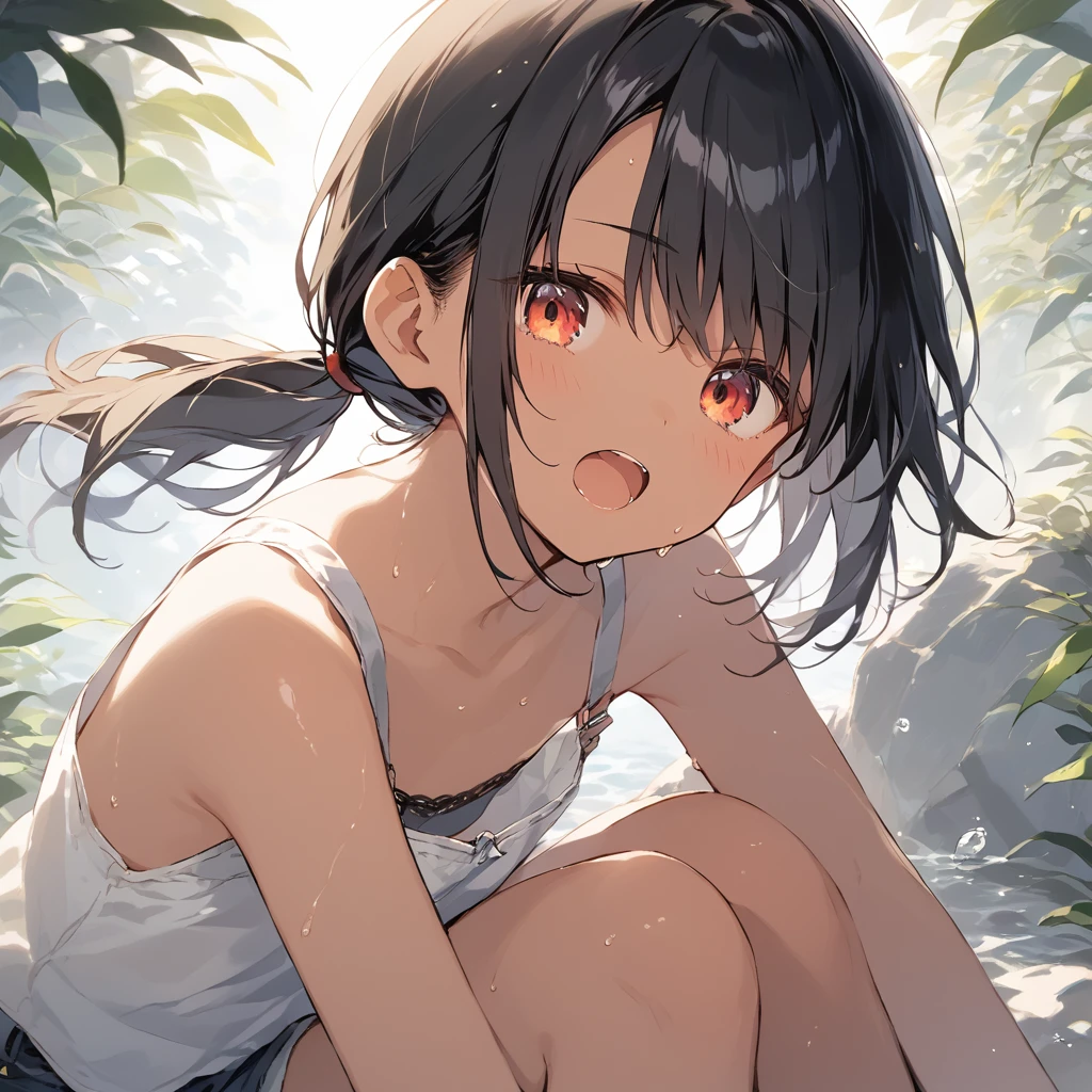 score_9, score_8_up, score_7_up, source_anime, best quality, masterpiece, official art, absurdres, highres, ultra-detailed,waifu2x,Collection: Slice of Life,break,1girl, tomboy, dark-skinned female, short hair, low ponytail, flat chest,  beautiful detailed eyes, short shorts, sweat, open mouth, (yawn:0.3), sleepily, outdoors, wind, break,(clear line illustration:1.2),very high resolution, very aesthetic, super detailed skin, Best sexual lighting powered by famous artist, 8k,cute picture,beauty illustration,photoshop_(medium),,(Detailed Lighting),best anime 8k konachan wallpaper, pixiv contest winner, 