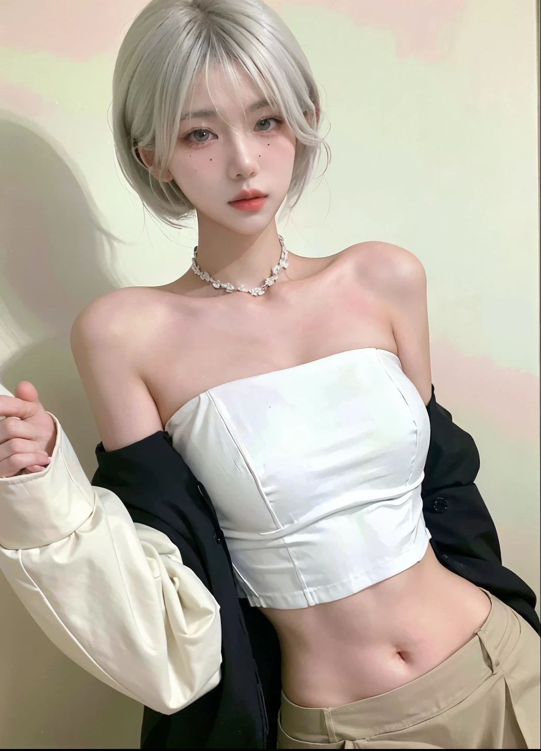 Beautiful woman with perfect figure:1.4，Ultra-high resolution，White background，（lifelike：1.4），Layered Hairstyle，White skin，Bikini:1.5，Super short pleated skirt，whole body，Very delicate face and skin texture，Double eyelids，Skin Whitening，short hair，White hair