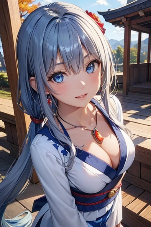 #Basics A girl is posing for a photo, animeのかわいい女の子, (((One Girl, Baby Face, 16 years old))),
BREAK
#Clothing Accessories
((Blue and white)Yukata : Pattern featuring autumn leaves + Red band + Long sleeve + Wide sleeves, geta),
(big silver necklace, Silver earrings, Hair clip),
BREAK
#Features
(Light blue hair:1.4, Chest-length sideburns:1.4 + Curly hair:1.4, Big twin tails : Hair blowing in the wind + Very long hair + Curly hairで横に広がるボリュームのある髪 + Outwardly curled hair),
(Droopy eyes,blue eyes), (Small breasts),
BREAK
#expression
(smile),
#background environment
((noon, Sunshine + shrine + Rural landscape)),
#composition
(Face the viewer:1.4, Aggressive Pose:1.4, Cowboy Shot:1.4),
BREAK
#Body parts elements
(Beautiful Hair,Shiny Hair),
(double eyelid, Long eyelashes),
(Expression of fine eyes, Beautiful and delicate eyes, Sparkling eyes, Eye Reflexes),
(Human Ear),
(Beautiful Nose, Thin Nose),
(Glossy lips, Beautiful Lips, Thick lips), (Symmetrical facial features),
(Detailed skin, Textured skin, Beautiful Skin),
BREAK
#Quality
(((Highest quality)), ((masterpiece)), ((Very detailed))), ((High resolution), (16k,1080p)),
(Realistic), (Anatomically correct),
((comics, anime)), (3DCG), CG illustration,