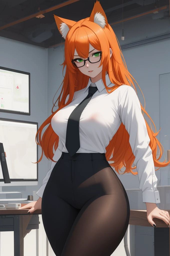 (masterpiece, Best quality), 8K, ultra detailed, realistic photo, Detailed face, perfect lighting, green eyes, bright orange hair, bright hair, fox ears, nice legs, side photo, beautiful, Cute, skin pores, 1 girl, perfect shirt, fully dressed, beautiful women 30 years old, Beautiful proportions, Russian woman, Caucasian, European, Business lady, stunningly beautiful woman, mother, thick legs, show , bigThin white shirt:1.4), thick, hot, (White Office Wear:1.4), tight pants, (wide hips:1.2), thick, (white Office pants:1.3), spread your legs, Legs open, full length, wide hips, Glasses, with long orange hair, standing on the beach near the ocean, green eyes detailed digital anime art, cat ear, anime girl with long hair, гладкое аниме cg art, anime girl with long hair, digital anime art, work in Guweiz style, Beautiful anime portrait, Photorealistic render of an anime girl, pantyhose, Beal anime girl, advanced digital anime art, guweiz на artstation pixiv HD UHD HQ