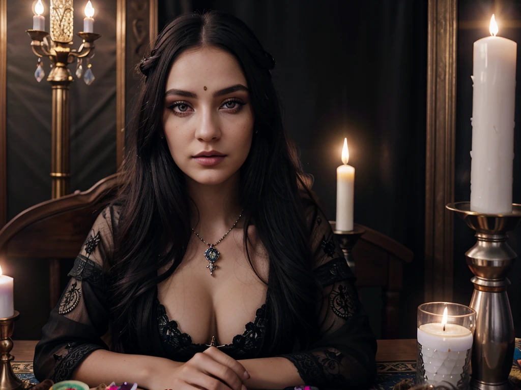 tarot reader woman sit on a table with cards, crystals and candles, beautiful detailed eyes,beautiful detailed lips,extremely detailed eyes and face,longeyelashes, beautiful portrait, hyper realistic, intricate details, cinematic lighting, vibrant colors, magical atmosphere, mystical, ethereal, occult, dark fantasy