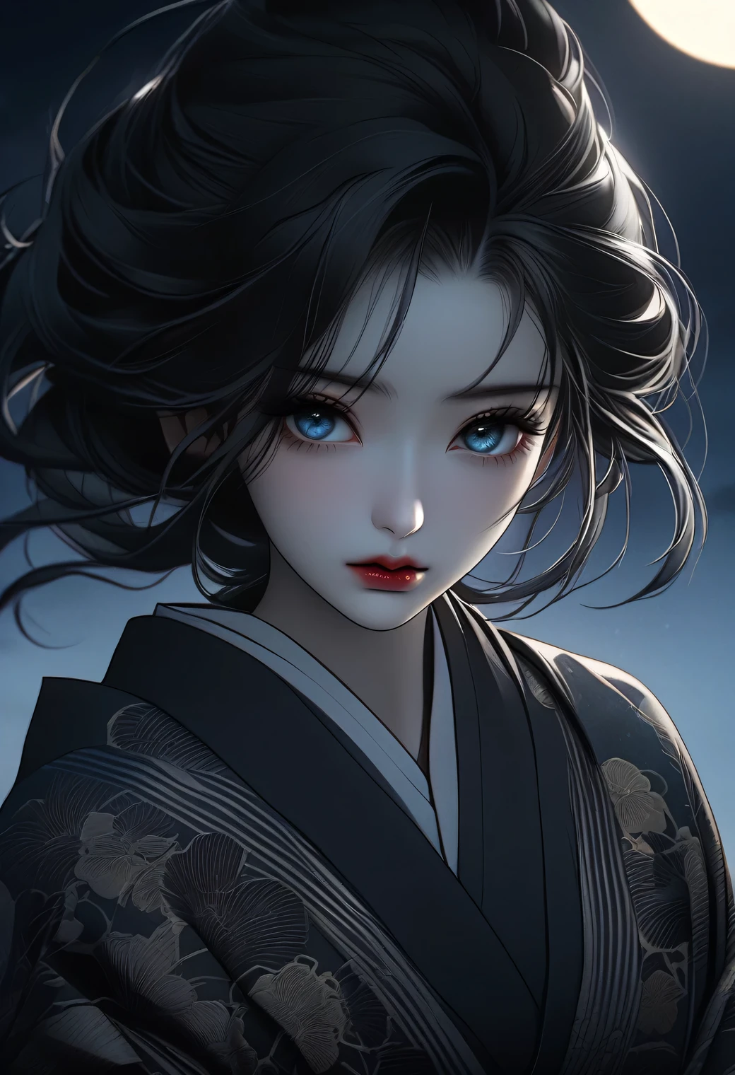 beautiful detailed eyes, beautiful detailed lips, extremely detailed eyes and face, longeyelashes, 1girl, traditional japanese clothing, kimono, night, moonlight, moon, sad expression, melancholic, moody, atmospheric, woodblock print, muted colors, dark tones, cinematic lighting, dramatic lighting, chiaroscuro, (best quality,4k,8k,highres,masterpiece:1.2),ultra-detailed,(realistic,photorealistic,photo-realistic:1.37)