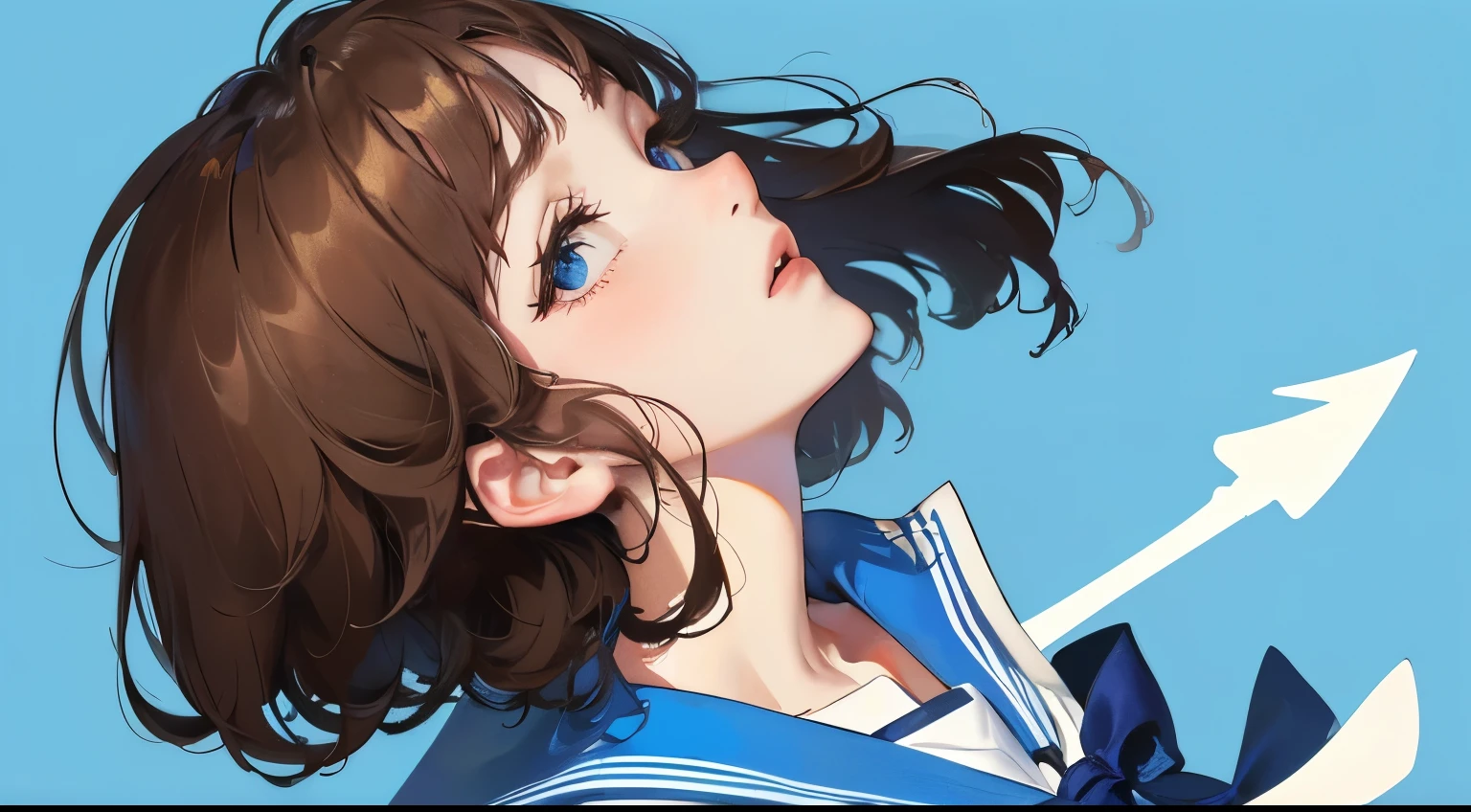 (((Looking up)))、(((View from above)))、((1 person)),Masterpiece,best quality, ((Looking up at the blue sky))), ,((Sailor suit))、((Blue sky background))、((Expressionless)),determined expression, Upper body diagram、 (Highest Resolution、Clear_image)、Best Quality、Light and shadow contrast、((illumination))、Very detailed、Semi-realistic、Short hair hairstyle、Brown Hair、bangs、19 years old、　Lady,,young、((View from side))、Delicate Facial Features