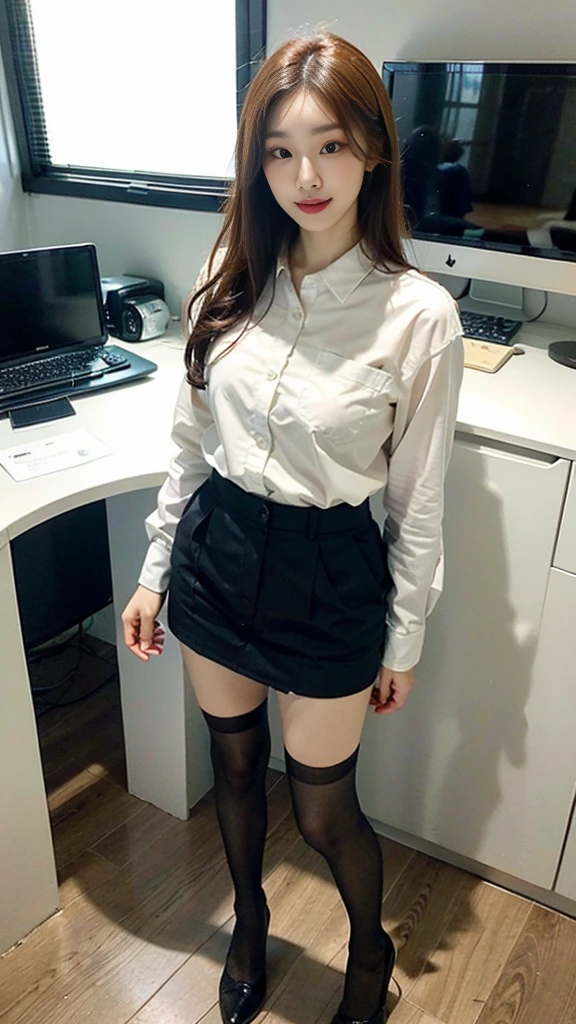 ((top-quality、​masterpiece、photographrealistic:1.4、in 8K))、Beautuful Women１a person、25years old、beautiful hairl、delicate and beautiful face、Eyes and faces with detailed 、(Modern workplace with computer:1.2)、(Shirt:1.2)、(standing:1.2)、A smile、Beautiful lighting、Textured skin、Super Detail、high detailing、High quality、hight resolution、（looking at the viewers）、Detailed mouth、Opening Mouth、full body Esbian、tight skirts、Women at work、Fishnet Stockings、Coffee、window、Women who can work、high-heels