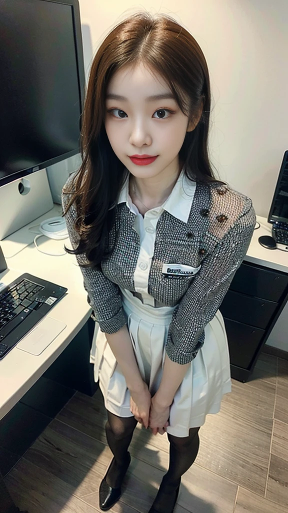 ((top-quality、masterpiece、photographrealistic:1.4、in 8K))、Beautuful Women1a person、25years old、beautiful hairl、delicate and beautiful face、Eyes and faces with detailed 、(Modern workplace with computer:1.2)、(Shirt:1.2)、(standing:1.2)、A smile、Beautiful lighting、Textured skin、Super Detail、high detailing、High quality、hight resolution、(looking at the viewers)、Detailed mouth、Opening Mouth、full body Esbian、tight skirts、Women at work、Fishnet Stockings、Coffee、window、Women who can work、high-heels