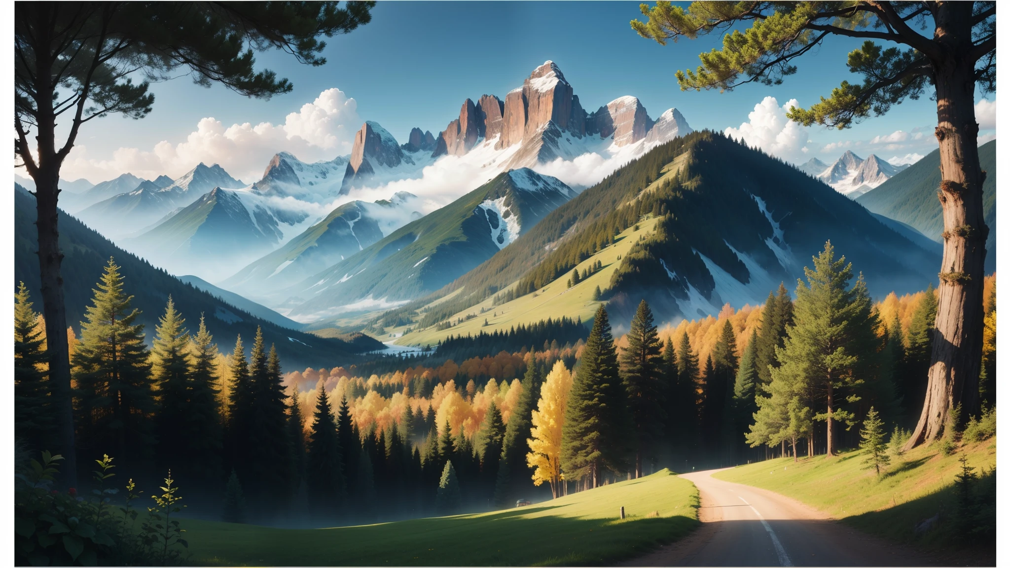 (Different world scene,forest),summer,towering,Intensive,Mountains in the distance,Spectacular