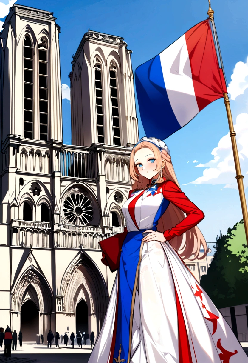 Marie de Medici with a flag of France in blue white red, behind Notre Dame de Paris