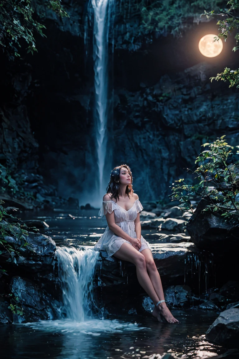 shot by Sony a7 IV Mirrorless Camera, natural light, analog film photo, Kodachrome ,in a magical crystal world , a woman is sitting near a waterfall on a full moon night , sparkling and glittering glowing particles in the air , soft bluish glow