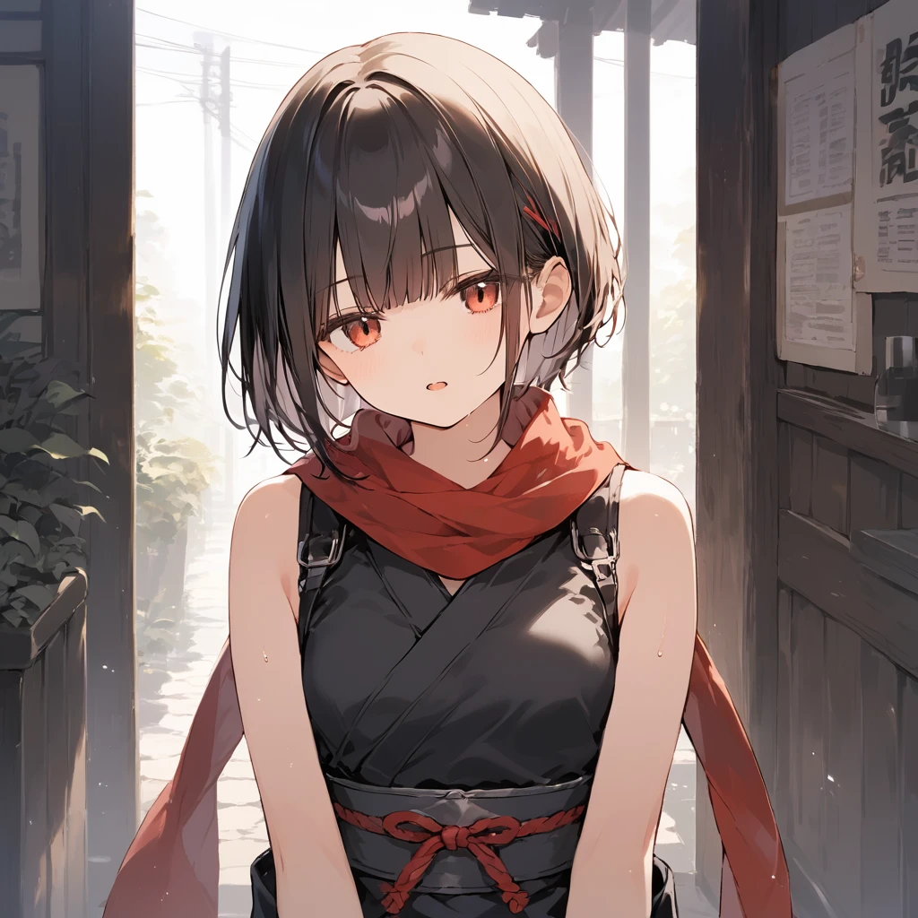 score_9, score_8_up, score_7_up, source_anime, best quality, masterpiece,ultra-detailed,official art, absurdres, highres, waifu2x, break,1girl, ninja, short hair, blunt bangs, small breasts,beautiful detailed eyes, expressionless, sleeveless, scarf,  sweat, in mission, open mouth, (yawn:0.3), sleepily, night, outdoors, break,(clear line illustration:1.2),very high resolution, very aesthetic, super detailed skin, Best cinematic lighting powered by famous artist, 8k,cute picture,beauty illustration,photoshop_(medium),,(Detailed Lighting),best anime 8k konachan wallpaper, pixiv contest winner, 
