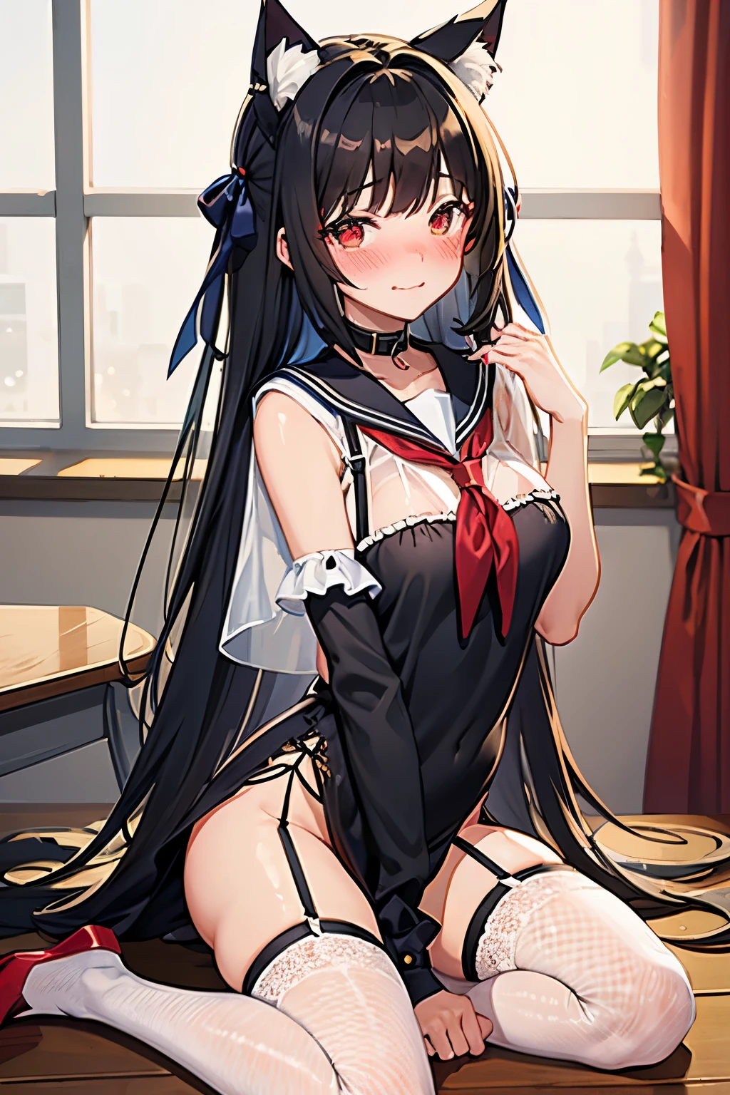 18 yeas old, girl, black hair, long hair, slim, big tits, narrow red eyes, cute, cat ears, (embarrassed, blush:1.3), smiling, sailor uniform, , See-through, ribbon, fishnet, garter belt, frills, Kneesocks, high heels, blue rose, headdress, frontal, spread legs, cat tale, classroom,