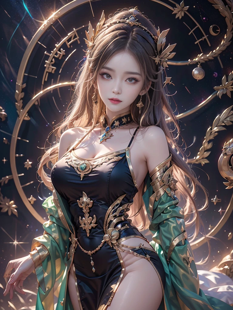 One Zodiac Goddess from the Future, Zodiac goddess wearing ao dai to hide her chest, The Zodiac Goddess wears a bright yellow gold vest, 女神は明るいピンク紫色のconstellationのオーラを放っている, 星は12constellationの形をしています, Zodiac goddess wearing a golden zodiac ao dai with many black details, 未来から来た12constellationの神話の女神, constellation ♏, Zodiac Style, Dark and mysterious version, ample boobs, Red lips are well-balanced and very beautiful, Characters by Karol Baque and Pino Daeni, Intricate details, Detailed Background, Many objects in the background, Very detailed, Magic lighting, woman, A clearly drawn face, Beautiful face and symmetrical eyes, Big round eyes and very beautiful and detailed makeup, distant focus, Silk clothing, Mysterious decoration, Upper body portrait, Arms loosen, Realistic and vivid photos, (The stars that make up the zodiac: 1.7), (Zodiac sky background and fantasy portal of space and time: 1.8 ), Fiction Art, RAW images, style fantasy hanfu, Long sleeves that cover both hands, Two outstretched arms,