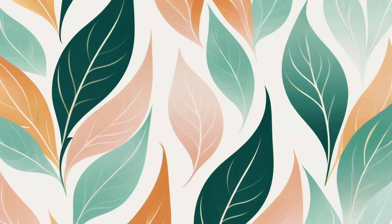 Create a backdrop with an abstract leaf pattern inspired by nature, with the use of soft color gradients and symmetrical yet organic placement of elements, creating an elegant and refreshing impression