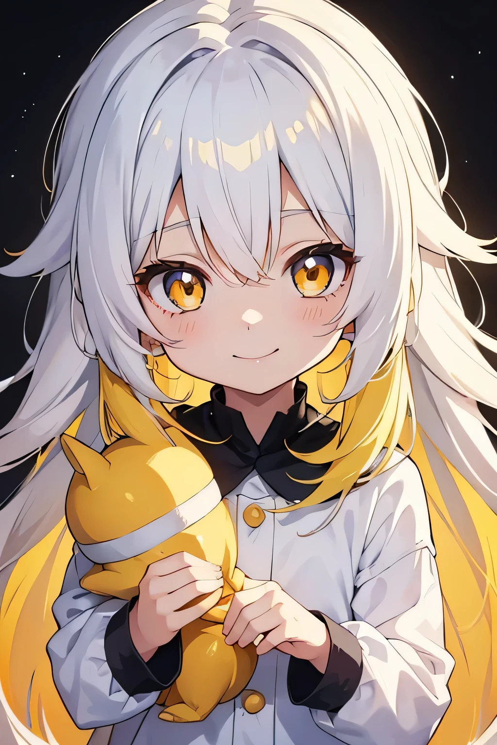 toddler, cute anime toddler, smiling, white hair and yellow hair, long hair, messy hair, golden eyes