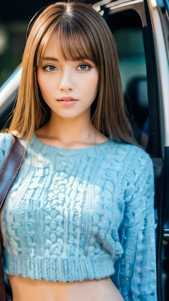 Best quality, 8k, ,Masterpiece :1.3)), facing viewer,((full body1.2)) ,pretty woman, wide shot ,1girl, , with car, ,car circuit , brown hair , bangs,ultra-detailed face, highly detailed lips, detailed eyes, double eyelid