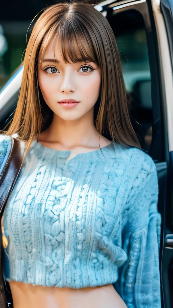 Best quality, 8k, ,Masterpiece :1.3)), facing viewer,((full body1.2)) ,pretty woman, wide shot ,1girl, , with car, ,car circuit , brown hair , bangs,ultra-detailed face, highly detailed lips, detailed eyes, double eyelid