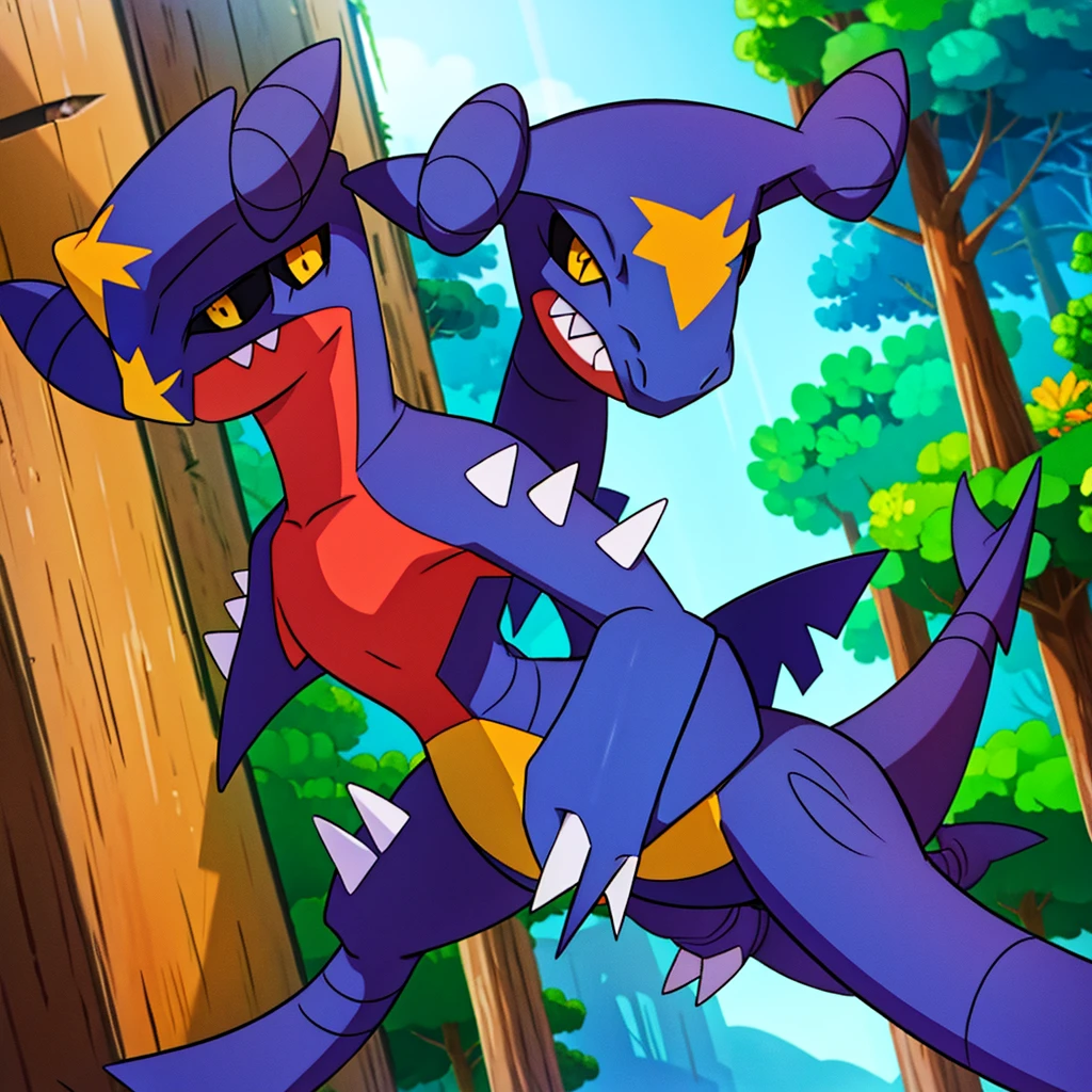 garchomp, solo, anime, smile, closed mouth, looking at viewer, forest, bush
