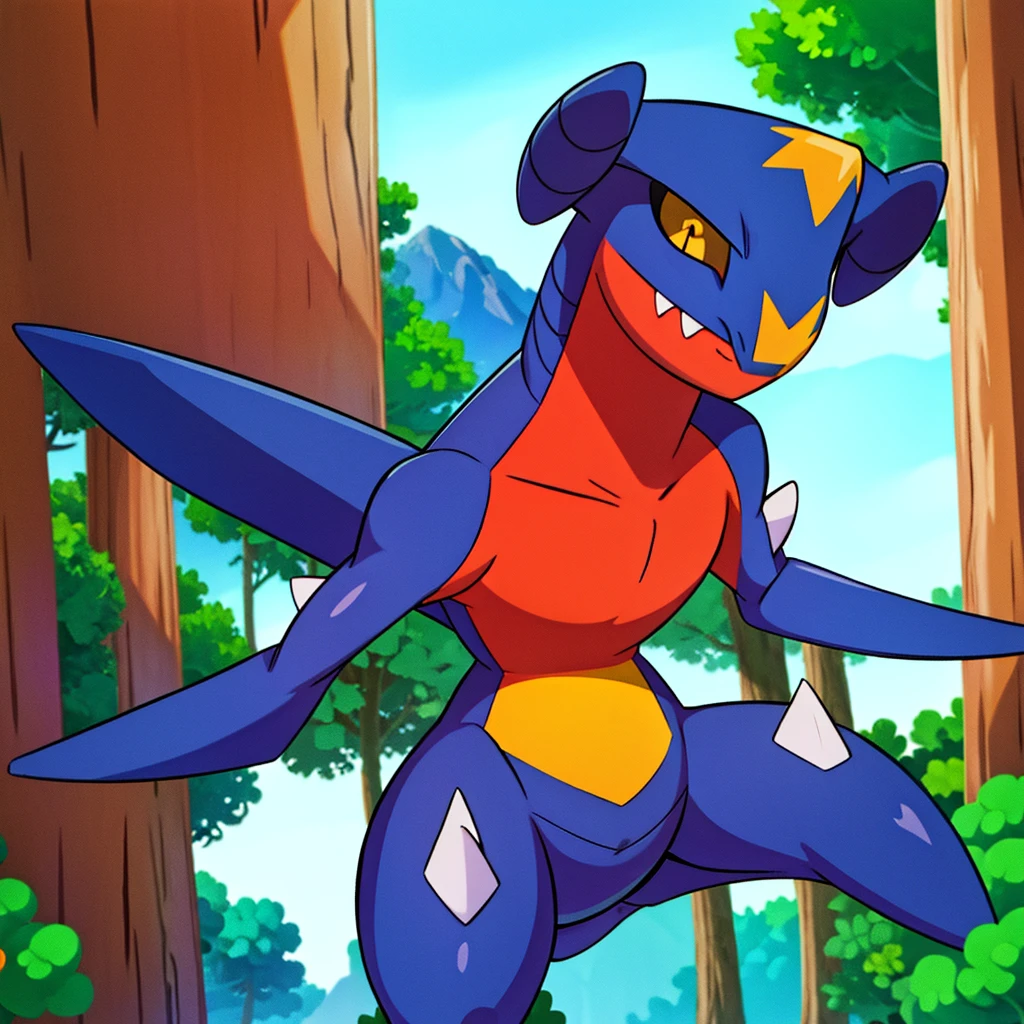 garchomp, solo, anime, smile, closed mouth, looking at viewer, forest, bush