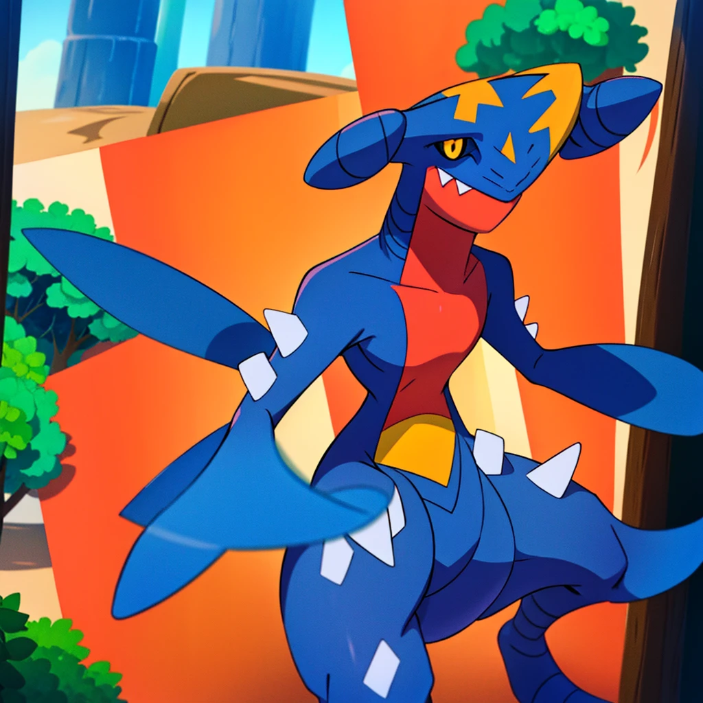 garchomp, solo, anime, smile, closed mouth, looking at viewer, forest, bush