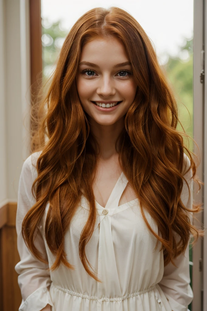 a striking smiling young woman with long, wavy hair is a vibrant ginger red, cascading down her back in loose curls. Her pale complexion is accented by high cheekbones. Her light brown eyes, are expressive and kind, looking out at the world with a curious and open spirit. She is slender but not frail.