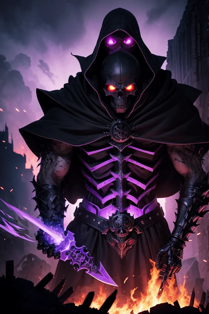 Monster, Warrior, Skull Face, Black Skeleton, Tall, Purple flames in his eyes, Black cloak, Holding Sword in right hand, Alone, Burning Castle Ruins.