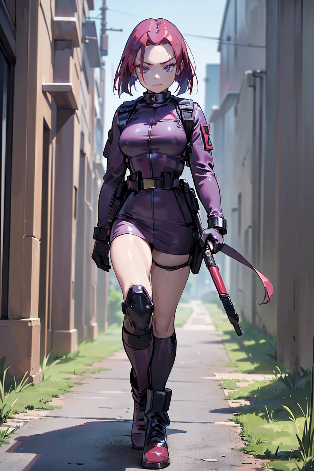 (masterpiece,best quality,In 8K,very detailed,high resolution,realistic,totally:1.2),(Team Rocket female soldier is walking.:1.5),(always alone:1.5), (Team Rocket Wear'Latex tops..:1.5),(cute type of girl:1.4),(detailed facial description, How bad guys laugh:1.4), (pale red hair:1.5),(patent gloves hands:1.2),(wallpaper:1.5),(cowboy shot:1.5),(overlook:1.5), (18 year old Japanese woman,clothes that fit well,Make your skirt very short, Black patent leather gloves, Black patent leather long boots:1.3), (secret society hideout), (camel toe:1.3), (big ass, thick thighs:1.3), (A is looking down..:1.4), ((pussy노출)), ((pussy)), 선명한 pussy