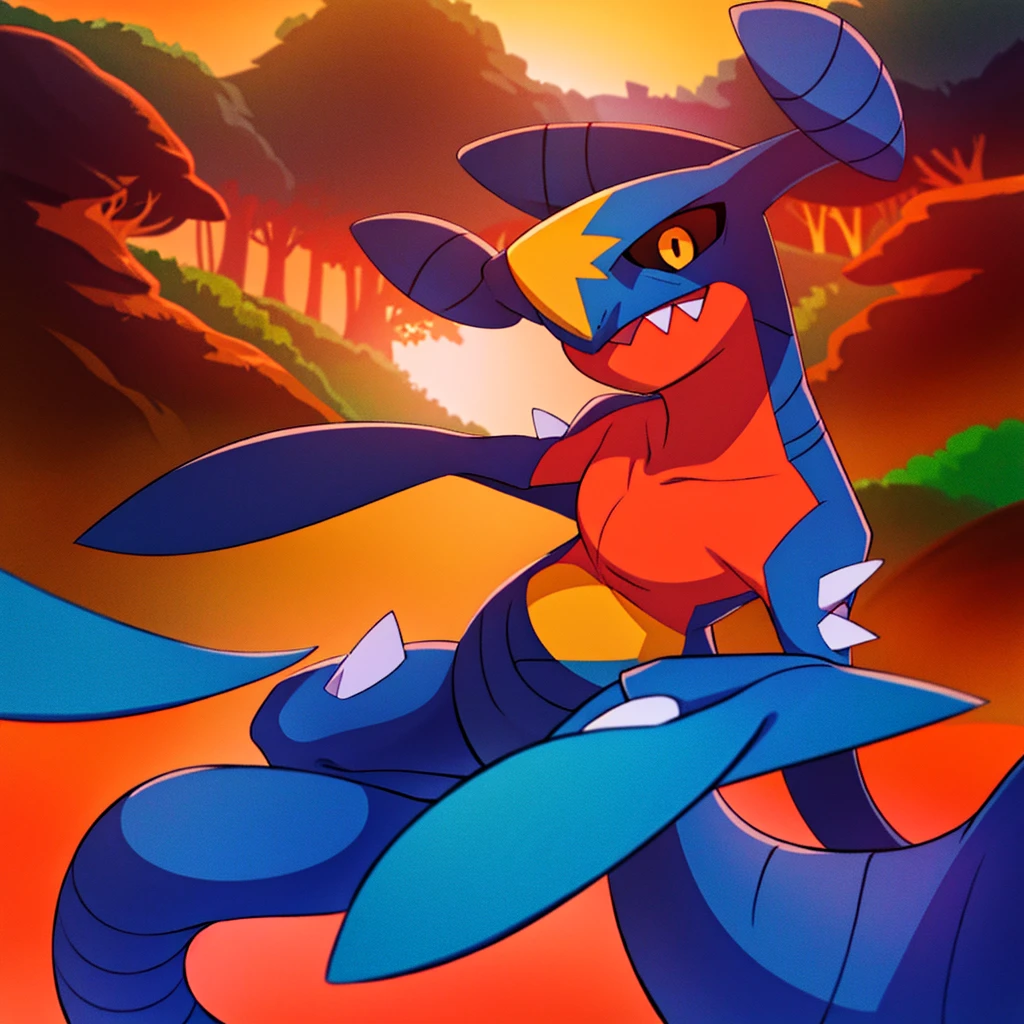 garchomp, solo, anime, smile, closed mouth, looking at viewer, orange sky, forest, bush