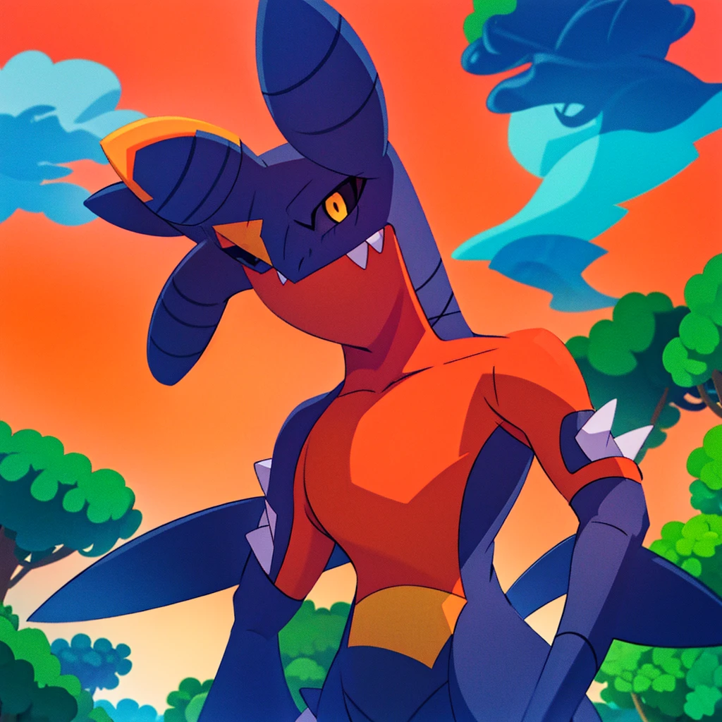 garchomp, solo, anime, smile, closed mouth, looking at viewer, orange sky, forest, bush