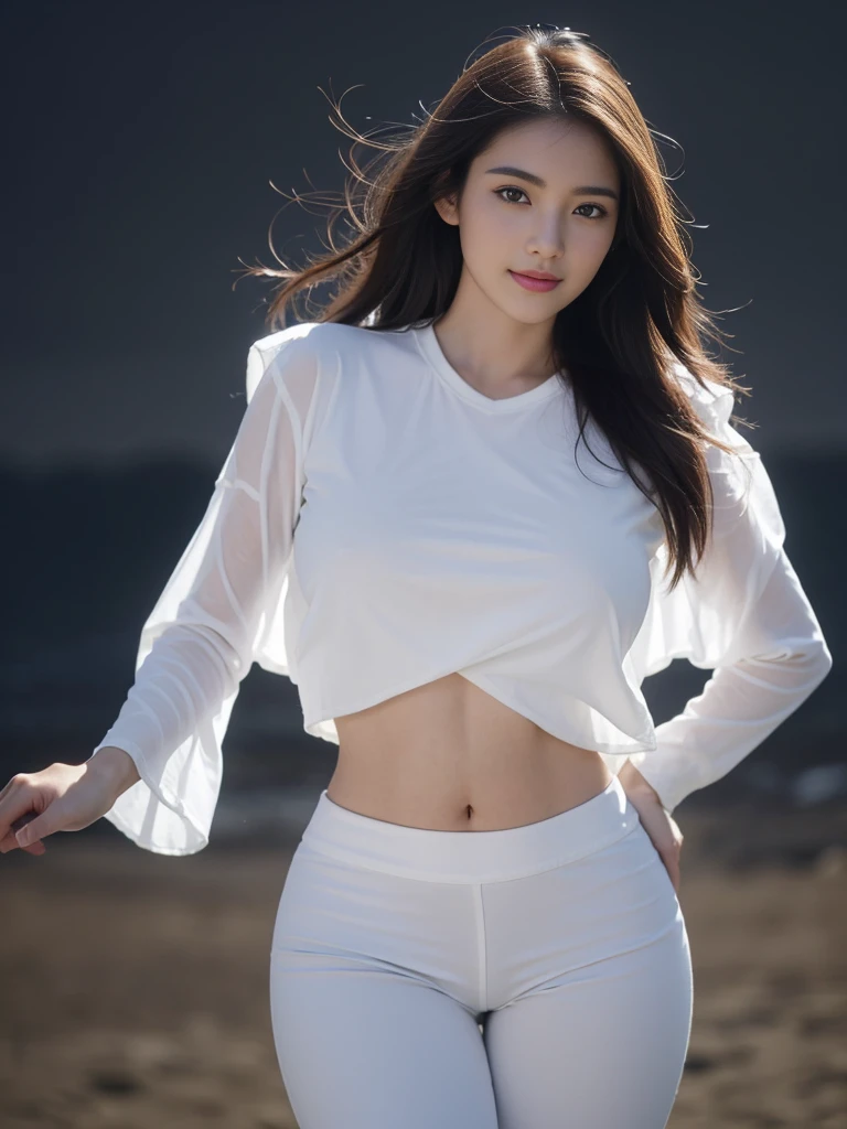Masterpiece, best image quality, high quality, beautiful women, Japan, detailed, detailed eyes, detailed skin, beautiful skin, beach, ultra high resolution, (realistic : 1.4), very beautiful, slightly younger face, beautiful skin, slim, (surreal) ) ) ) ), (high resolution), (8K), (highest image quality: 1.35 ), high quality, Realistic photo, (A beautiful woman:1.33), beautiful expression, (exquisite eyes:1.3), (exquisite face:1.3 ), Smile, (shiny hair :1.2), Super detailed, high resolution, Sporty figure, (big breasts:1.25), (long hair:1.2), (beautiful woman), (Cute navel:1.2), (Depth depth of field f/1.8:1.45 ), sharp focus, original photo , (Thin white shirt:1.45), (Thin white pants:1.4), (Thin white tight pants:1.4 ), (Thick thighs: 1.5), (Forward:1.25), (cowboy photo:1.4), (Night sports:1.4), (dark sky:1.5 ),
