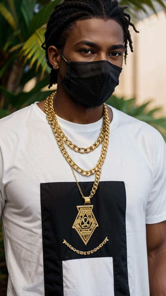 black man, black bandana, gold chain, white trunk shirt, face front