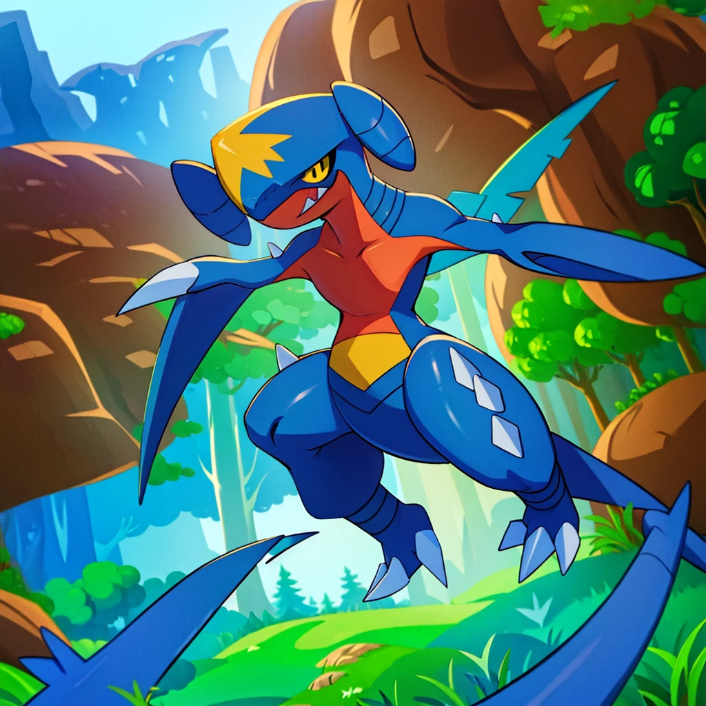 (masterpiece, best quality:1.2),solo,garchomp \(pokemon\),pokemon \(creature\),full body,no humans,smile, closed mouth, looking at viewer, forest, bush