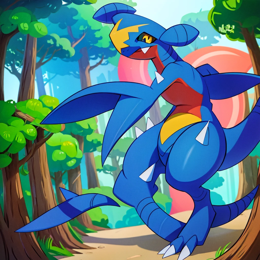 (masterpiece, best quality:1.2),solo,garchomp \(pokemon\),pokemon \(creature\),full body,no humans,smile, closed mouth, looking at viewer, forest, bush