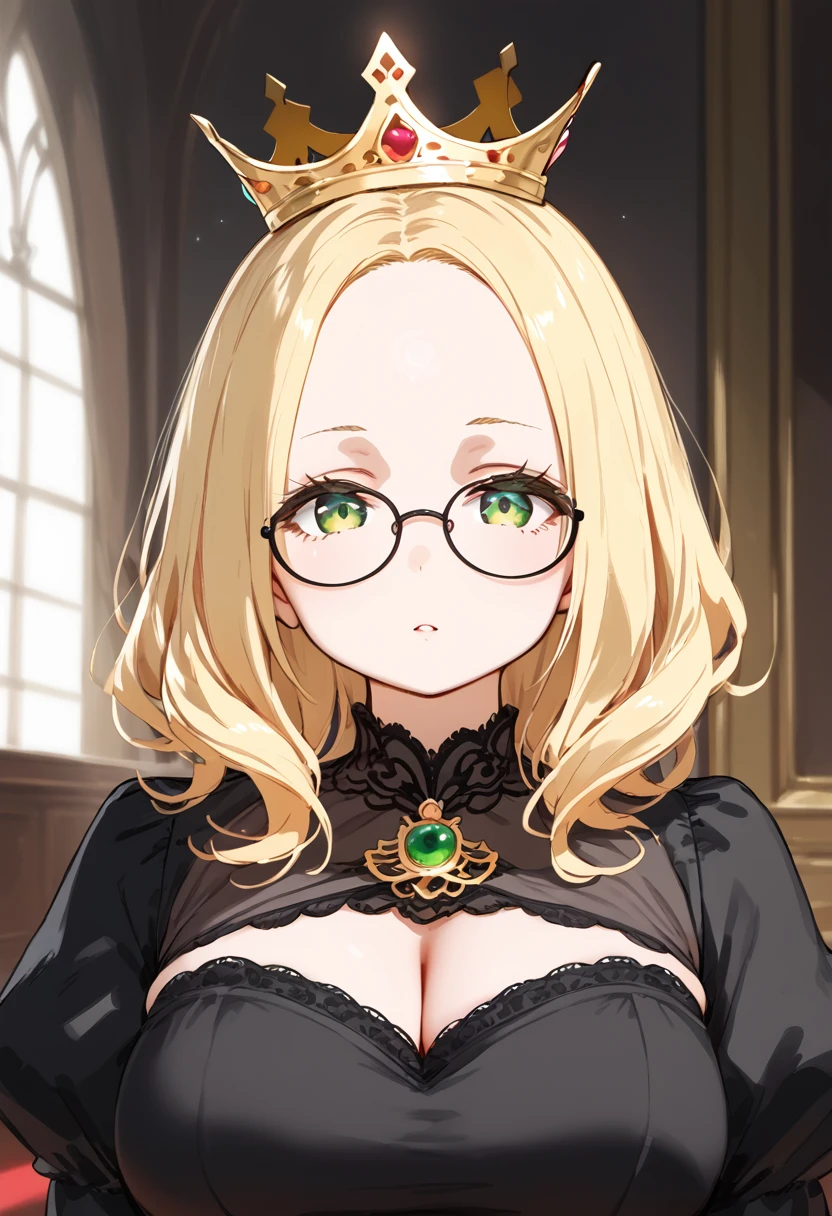 chubby girl, Blonde with green eyes, medium length hair, open forehead, round facial features, glasses with black square frames Ball gown, royal crown